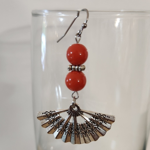 Hand Crafted Silver Fan and Orange Bead Pierced Earrings - Picture 5 of 5